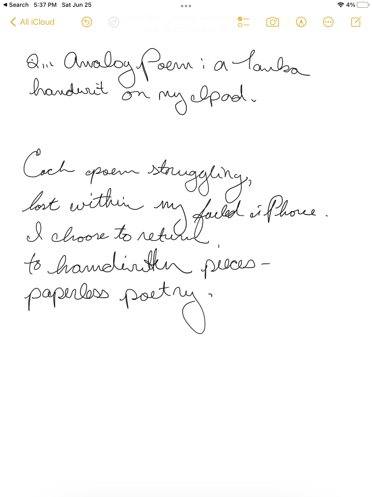 Poem handwritten in black ink with cursive writing on an iPad Notes app page.