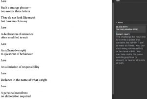 Screenshot showing working layout in Scrivener, with area for notes on the right
